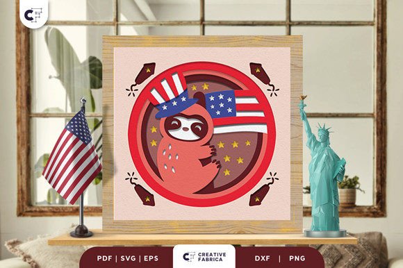 4th of July Sloth 3D Shadow Box Papercut