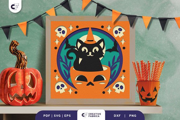 Adorable Halloween Black Cat Shadow Box with 3D Magic